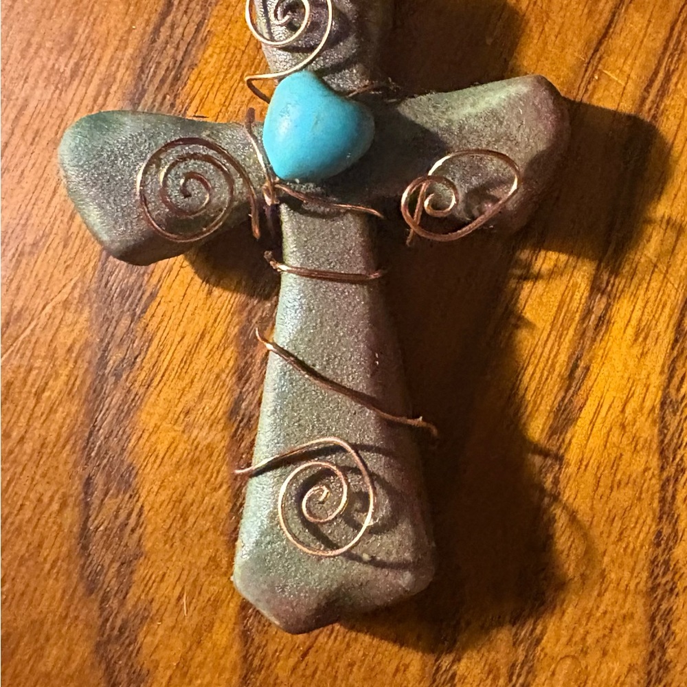 Hand crafted by Jeremy Diller Artisan Wire-Wrapped Cross  with Turquoise Stone